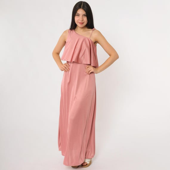 Pink Ruffle Maxi 70s Tie Shoulder Sleeveless Long Skirt Dusty Rose Flowing Romantic Dreamy Ethereal Grecian Feminine Extra Small XS