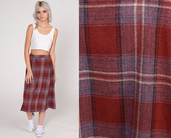 80s Plaid Skirt Rust Red Wool Blend Midi Skirt High Waisted School Girl Preppy Tartan Uniform Purple Checkered Boho Vintage 1980s Small 26