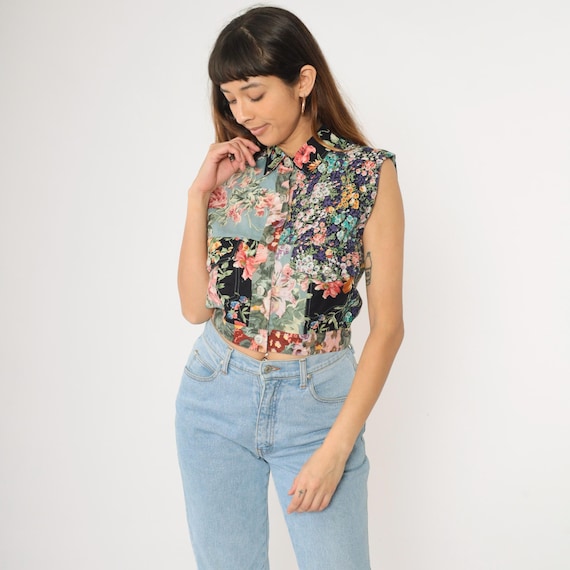 90s Patchwork Floral Crop Top Cropped Black Vest Button Up Tank Top Sleeveless Hippie Retro Festival Boho Vintage 1990s Medium