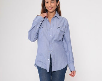 Chemise Vintage Wrangler Garçon – Bleu, Western, Coton/polyester, Taille M