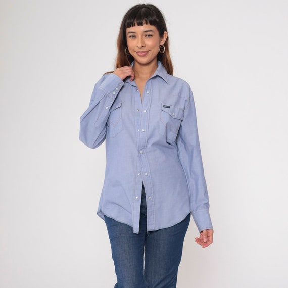Wrangler Chambray Shirt 90s Denim Pearl Snap Jean Shirt Retro Western Long Sleeve Button Up Cowboy Hipster Vintage 1990s Medium