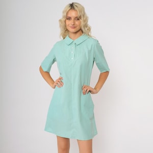 60s Uniform Dress Mint Green Waitress Dress Pintuck Pleated Uniflair Peter Pan Collar Short Sleeve Nurse Dress Hostess Diner Medium M