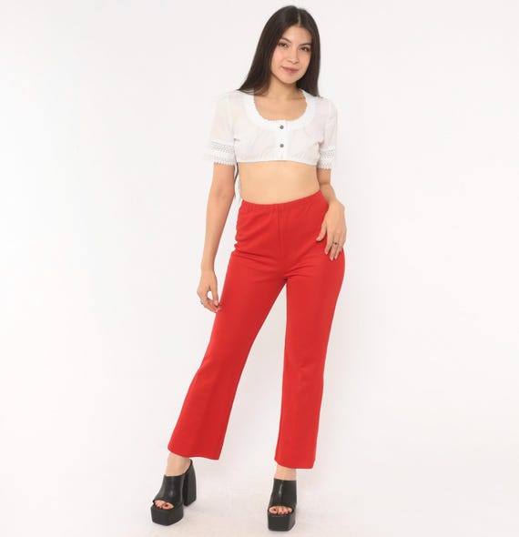 70s Red Straight Leg Pants Elastic Waist Trousers Scarlet High Rise Pull On Slacks Vintage Slim Fit Polyester Crop Style Extra Small XS