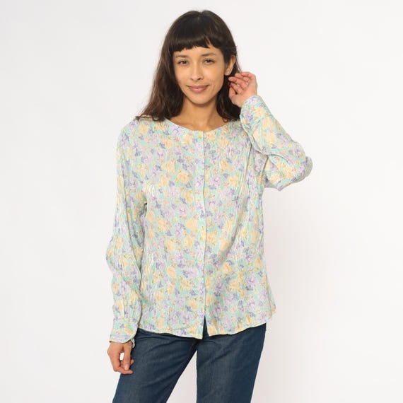 Silk Floral Blouse 80s Pastel Mint Green Purple Lavender Peach Yellow Long Sleeve Top Cottagecore Prairie Secretary Office Vintage Large L