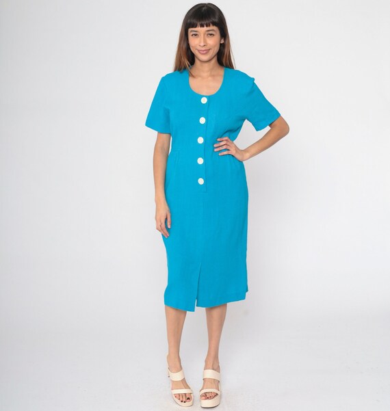 80s Sheath Dress Bright Blue Button Up Midi Dress Short Sleeve Pencil Secretary Dress Plain Turquoise Vintage 1980s Pocket Medium 8