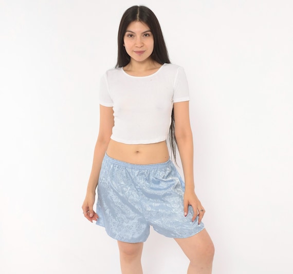 90s Jacquard Floral Shorts Powder Blue Satin Sleep Boxer Rose Pattern Lingerie Loungewear Periwinkle Tap Pants Pajama Bottom Vintage Small S