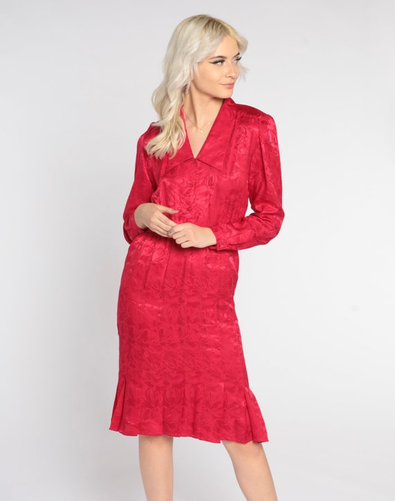 Red Silk Dress 80s Floral Midi Dress Shirtdress P… - image 3