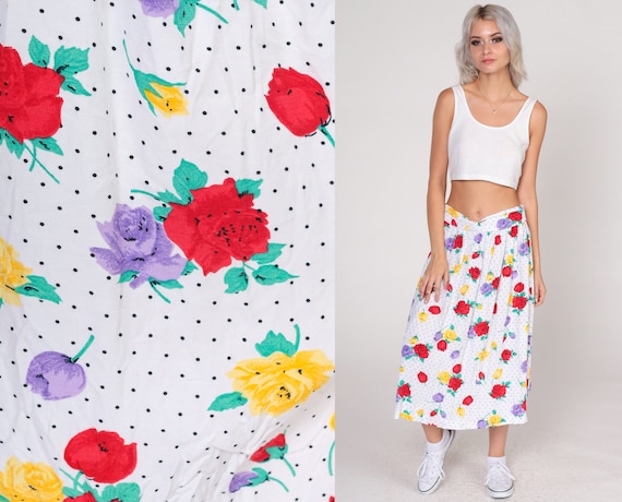 Polka Dot Floral Skirt 90s Midi Skirt White Black Rose Flower Print Boho Elastic Waist Summer Flowy Hippie Colorful Vintage 1990s Large L
