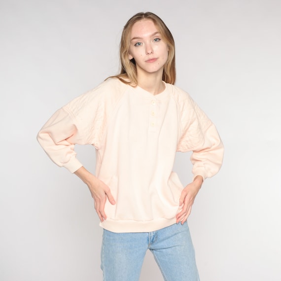 Vintage Light Pink Sweatshirt 90s Quilted Henley Sweatshirt Button Up Long Sleeve Shirt Retro Pastel Plain Pullover Basic 1990s Large L
