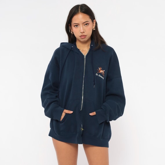 90s Deer Embroidered Hoodie St Germain Navy Blue Full Zip Hooded Sweatshirt Relaxed Pocket Fleece Jacket Streetwear Vintage Extra Large XL
