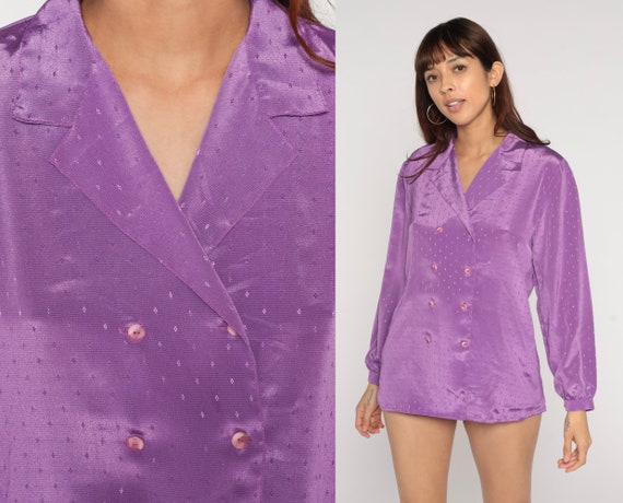 Purple Embossed Blouse 80s Long Sleeve Shirt Geometric Diamond Shirt Double Breasted Button Up 1980s Boho Vintage Plain Silky Top Medium