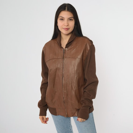 80s Brown Leather Bomber Jacket Torras Wool Knit Sleeves Elbow Patch Zip Front Ribbed Trim Made in Spain Outerwear Moto Aviator Large L
