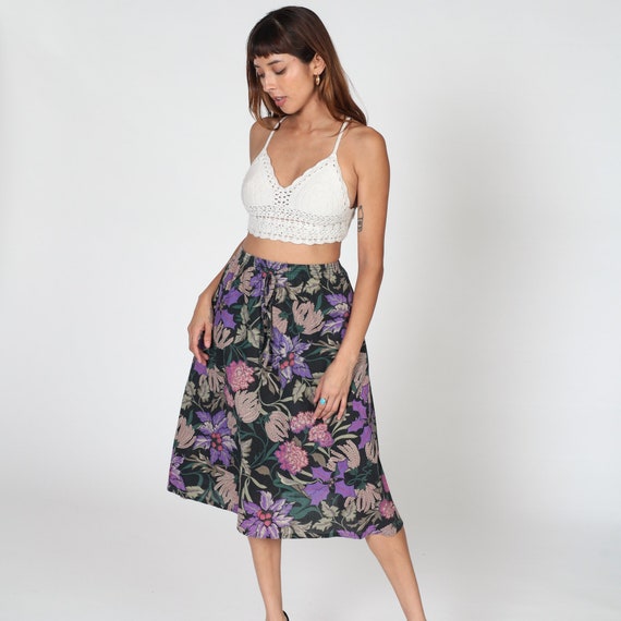 Black Floral Skirt 80s Midi Skirt Purple Dahlia Flower Leaf Acorn Print High Waisted Boho Hippie Summer Bohemian Retro Vintage 1980s Small S