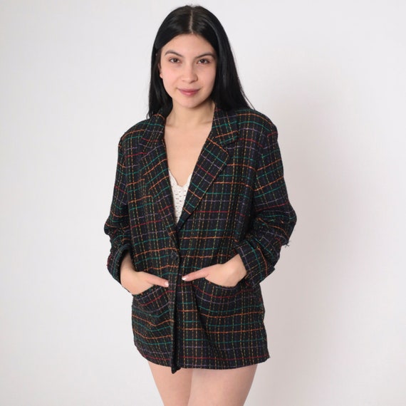 Black Checkered Blazer 90s Rainbow Print Button up Jacket Retro Preppy Tartan Academia Clueless Chic Office Vintage 1990s Large L
