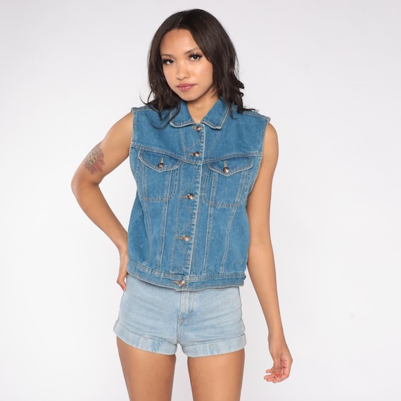 90s Denim Vest Blue Jean Vest Logo Club Sleeveless Button Front Western Style Fitted Waist Classic Y2K Layering Piece Medium M