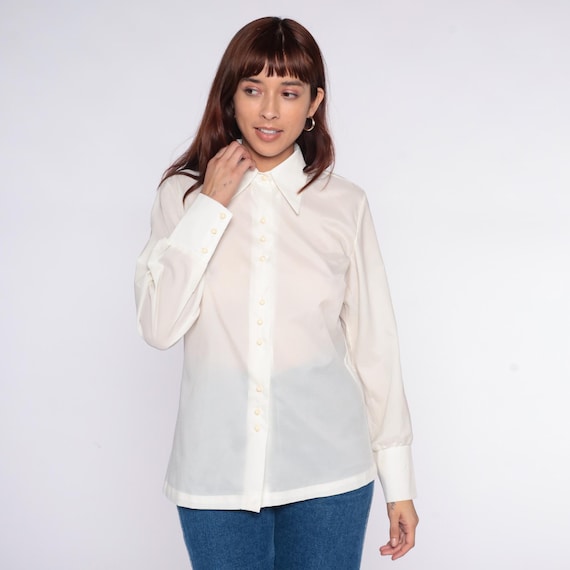 70s Cream Blouse Button Front White Shirt Long Sleeve Collared Top Semi Sheer Office Work Classic Vintage Lightweight Preppy Style Medium M
