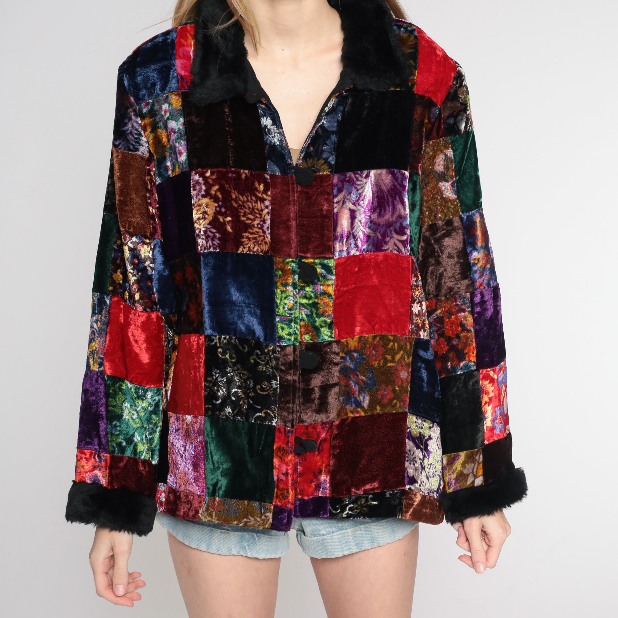 Patchwork Velvet Jacket Y2K Faux Fur Trim Jacket Bohemian Hippie Coat