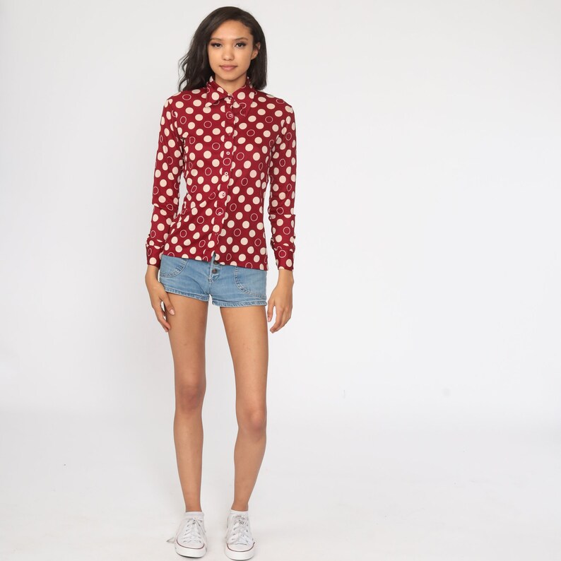 Polka Dot Shirt 70s Dagger Collar Top Button Up Shirt Dark Red Blouse Boho Disco 1970s Collared Nerd Geek Vintage Long Sleeve Small
