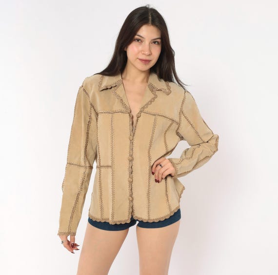 Y2K Crochet Trim Suede Jacket Patchwork Button Front Tan Leather Coat Notched Collar Beige Camel Western Bohemian Hippie 70s Style Medium M
