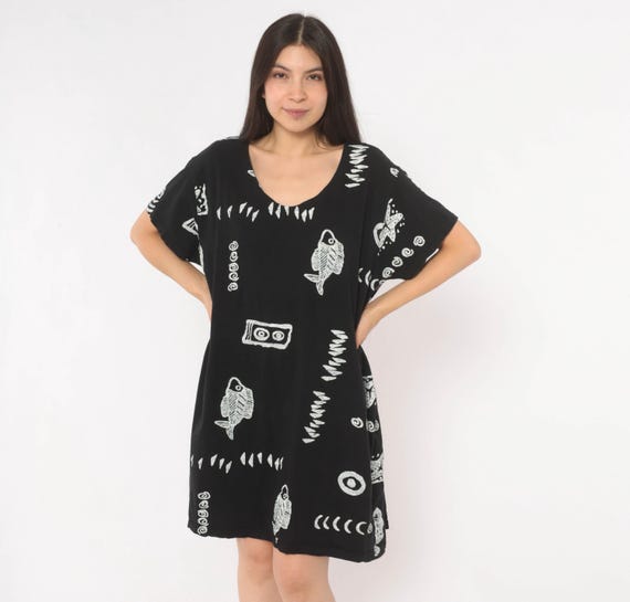 Y2K Fish Print Dress Black White Cotton Novelty Marine Ocean Sea Life Short Sleeve Pullover Loose Fit Quirky Vintage Medium Large M L
