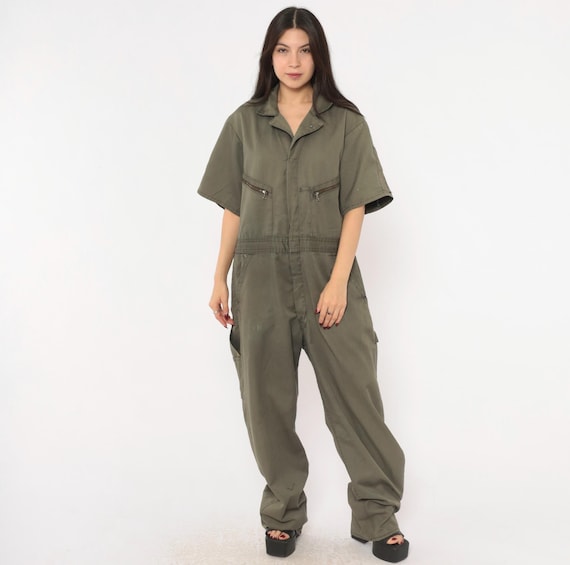 Dickies Coveralls 90s Olive Flight Suit Short Sleeve Zip Front Jumpsuit Workwear Utility Army Green Pocket Cotton Vintage Extra Large XL