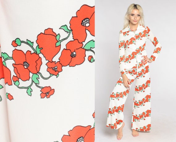 70s Jumpsuit Set Poppy Two Piece Outfit Vintage Bohemian Floral Women Bell Bottoms PANTS + TOP Boho Hippie 1970s White Extra Small xs