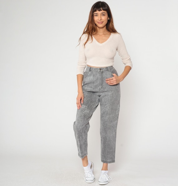 Gray Mom Jeans 90s High Waisted Cropped Pants Cotton Relaxed Fit Vintage Ankle Length Washed Faded Casual Trousers Tapered Loose Baggy 31