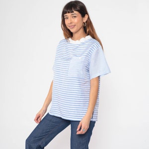 Striped T Shirt 90s Pocket T Shirt White Blue RINGER Tee 90s Grunge Hipster Retro Tee Vintage Normcore Short Sleeve Polyester Large L image 4