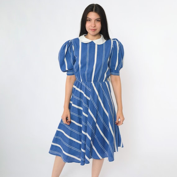 Vintage Striped Puff Sleeve Dress 80s Royal Blue White Peter Pan Collar Midi Dress Dolly High Waisted 1980s Button up Small xs