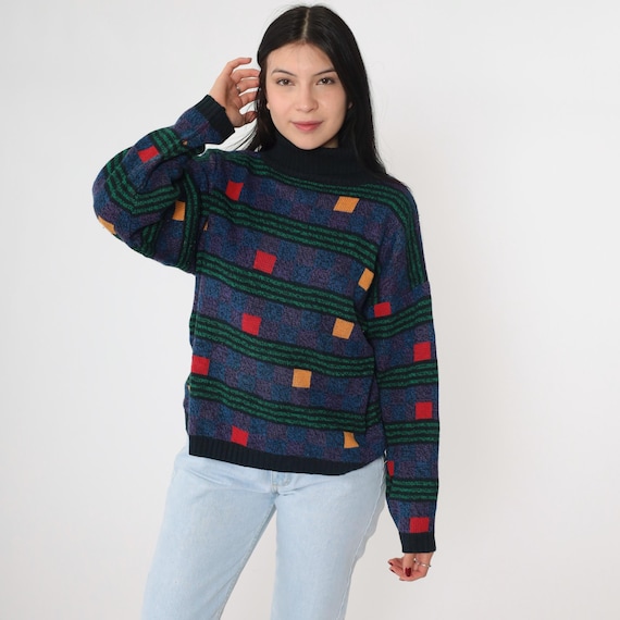 Vintage Geometric Turtleneck Sweater 80s 90s Sweater Striped Black Blue Purple Pullover Jacquard Checkered 1990s Cheryl Tiegs Medium