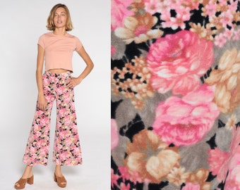 Floral Bell Bottom Pants Pink Black Velvet Pants Bohemian 70s Hippie Trousers Flared Pants High Waisted Boho Festival Extra Small xs