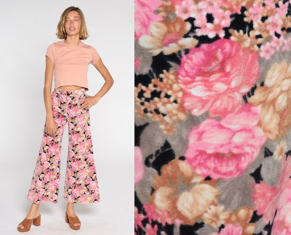 Floral Bell Bottom Pants Pink Black Velvet Pants Bohemian 70s Hippie Trousers Flared Pants High Waisted Boho Festival Extra Small xs