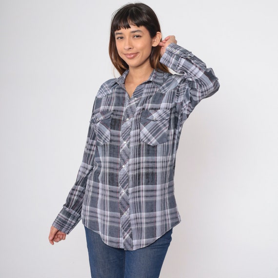 Metallic Western Shirt 80s Plaid Rodeo Shirt Charcoal Grey White Pearl Snap Button Up Top Checkered Vintage 1980s Roper Men's Medium