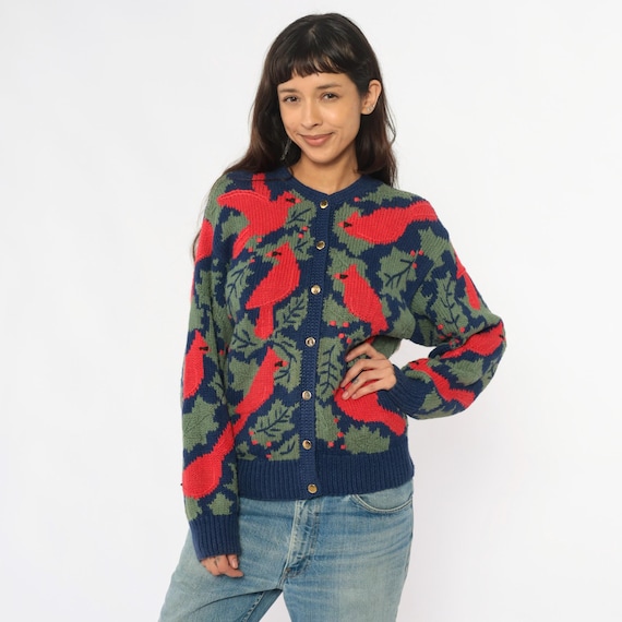 90s Cardinal Cardigan Orvis Navy Red Green Bird Leaves Botanical Nature Pattern Sweater Vintage Preppy Cottagecore Dark Academia Large L
