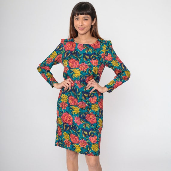 80s Floral Dress Puff Sleeve Dress Pink Blue Sheath Midi Dress 1980s Bright Multicolor Long Sleeve Pencil Dress Vintage Shift Dress Small 6
