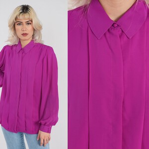 Fuchsia Blouse 80s Pink Hidden Button Up Top Pleated Formal Preppy Collared Shirt Long Puff Balloon Sleeve Simple Vintage 1980s Large 12 image 1