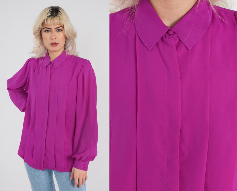 Fuchsia Blouse 80s Pink Hidden Button Up Top Pleated Formal Preppy Collared Shirt Long Puff Balloon Sleeve Simple Vintage 1980s Large 12 image 1