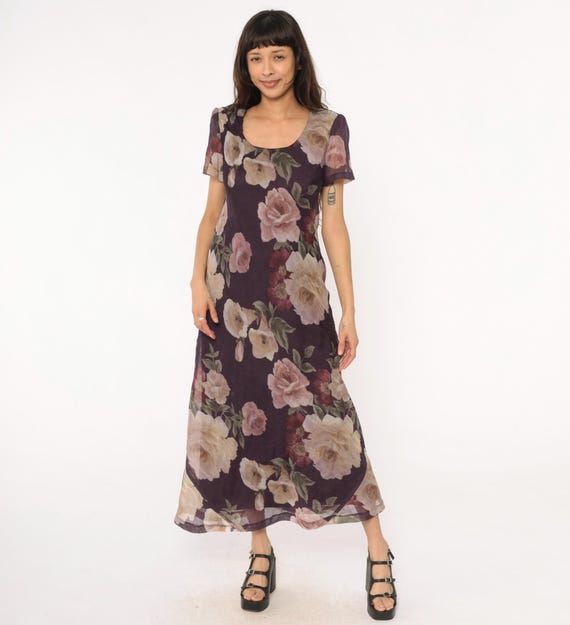 90s Floral Maxi Dress Purple Plum Rose Print Short Sleeve Sheer Mesh Dark Cottagecore Soft Grunge Romantic Evening Vintage Summer Medium M
