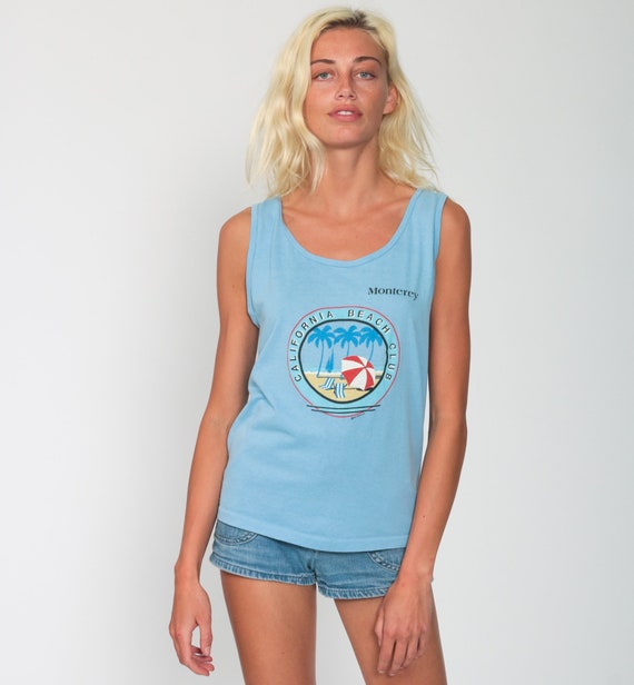 Monterey California Shirt BEACH CLUB Shirt 80s Tank Top 1980s Vintage Baby Blue Single Stitch Graphic Retro Tee Screen Print Small Medium