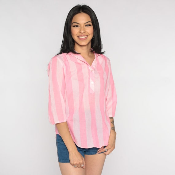 Pink Striped Blouse 80s Semi-Sheer Collared Shirt… - image 2