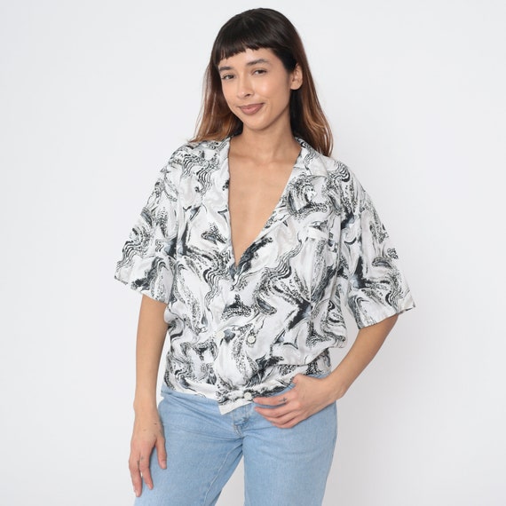 Marbled Swirl Shirt 90s Black White Double Breast… - image 2