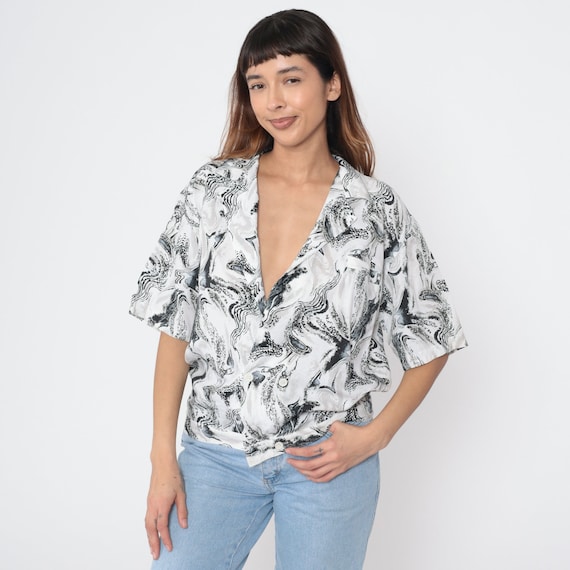 Marbled Swirl Shirt 90s Black White Double Breasted Button Up Blouse Abstract Print Top Short Sleeve ]Vintage 1990s Oversized Medium M