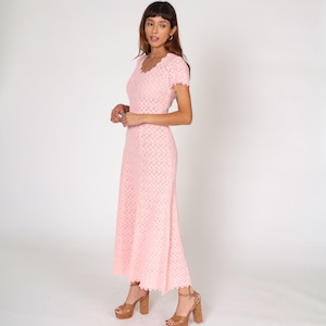 70s Crochet Dress Sheer Maxi Pink Dress Boho Knit Sweater Dress Festival Hippie Bohemian Dress Short Sleeve Scoop Neck Vintage Small S image 3