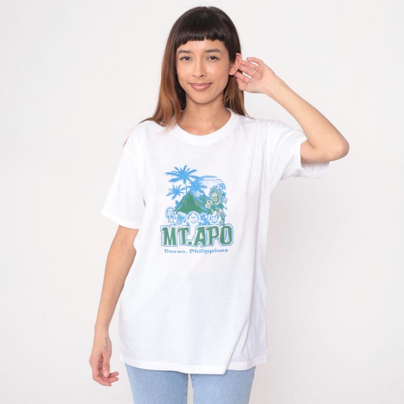 90s Philippines Tee Mt Apo Davao White Cotton T-Shirt Palm Tree Tropical Vacation Travel Souvenir Vintage Short Sleeve Tourist Shirt Large L