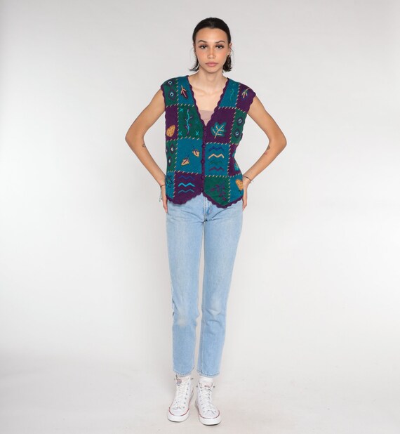 90s Sweater Vest Patchwork Leaf Print Button up K… - image 3