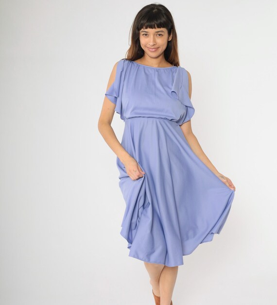 Vintage 70s Disco Midi Dress Lavender Boho Party Split Flutter Sleeve Capelet 1970s High Elastic Waist Grecian Retro Evening Small xs