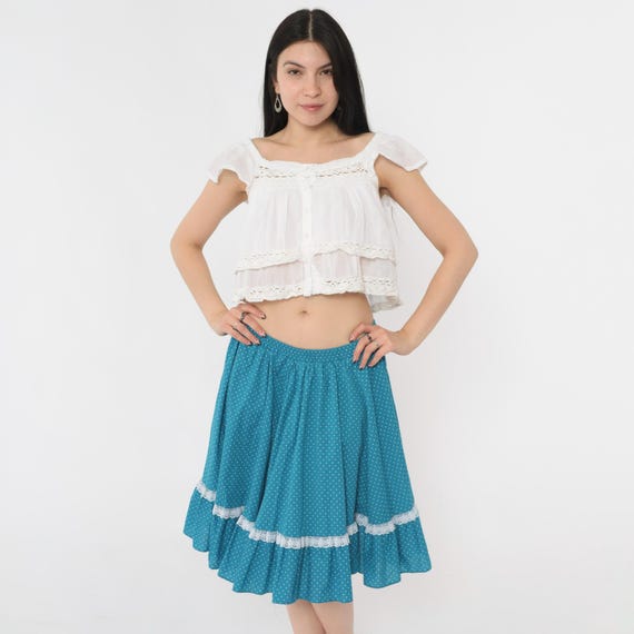 Vintage Polka Dot Peasant Skirt 80s Blue Flounce Cottagecore Square Dance Boho Hippie Skirt Midi Skirt 1980s Bohemian High Waist Medium M