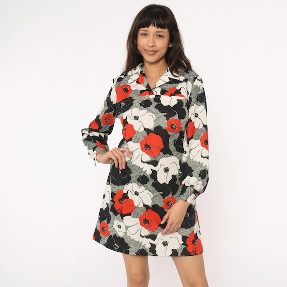 70s Floral Dress Long Sleeve Red Black White Bold Print Collared Shift Disco Era Romantic Goth Mod Vintage Party Cocktail Night Out Large L