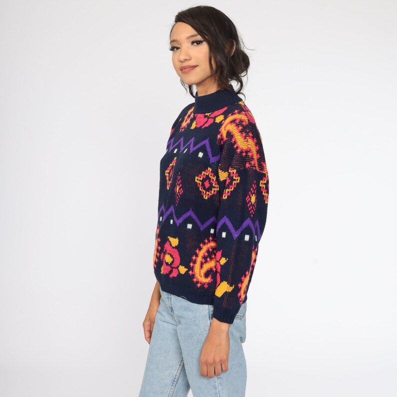 Floral Sweater 80s Navy Blue Paisley Sweater Graphic Print Knit Slouchy 1980s Pullover Pink Vintage Hipster Jumper Kawaii Medium
