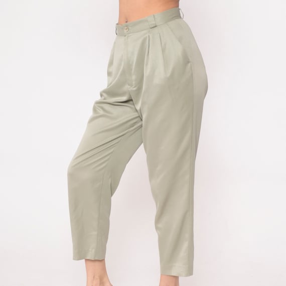Khaki Ankle Pants 90s Pleated Trousers High Waisted Tapered Leg Shimmery Dress Slacks Cropped Plain Vintage 1990s Medium Petite 29